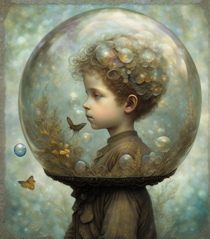 Fantasy illustration: Child with bubble hair, flora, butterflies, celestial backdrop