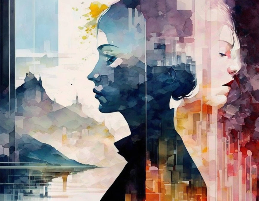 Vibrant abstract art: two women profiles with cityscape and watercolor textures