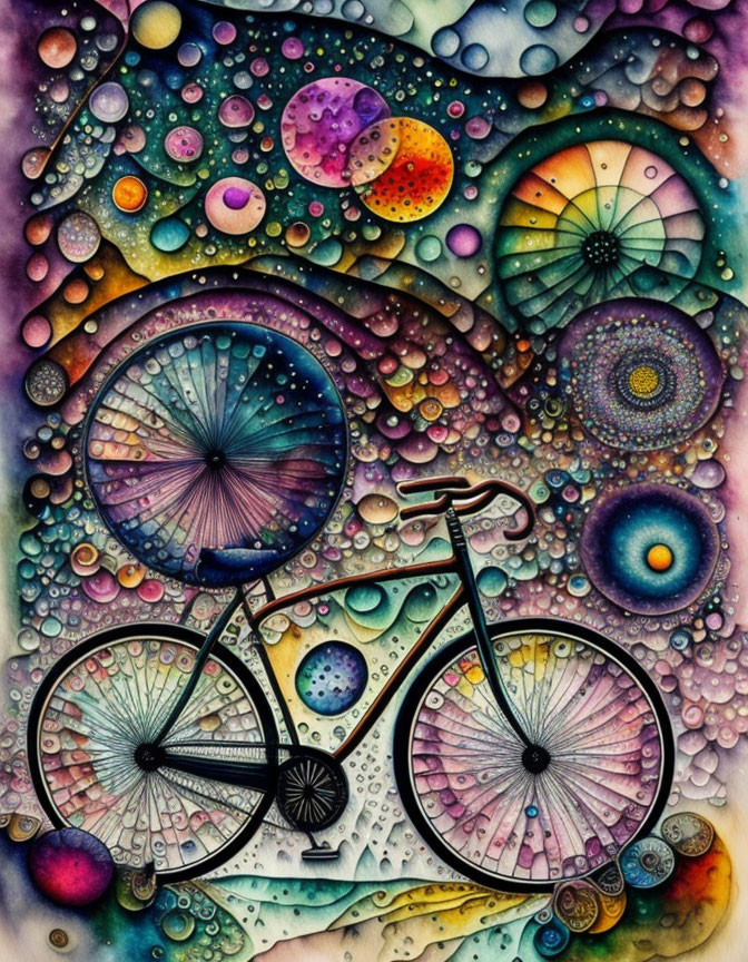 Colorful Psychedelic Bicycle Illustration with Cosmic Patterns