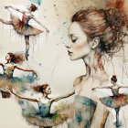 Colorful Woman with Ballerinas in Flight Against Paint Drips