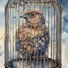 Colorful bird with red eye patch in small cage against cloudy sky and flying birds