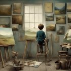 Teal Sweater Person in Artist's Studio with Paintings and Brushes