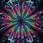 Symmetrical mandala digital artwork with vibrant blues, purples, and pinks