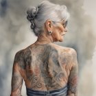 Elderly woman with tattoos on back and arms, featuring flower in hair