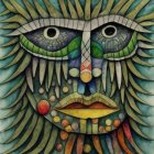 Colorful face art with leaf patterns, detailed eyes, and apple motifs