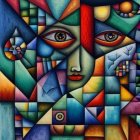 Colorful Surrealist Painting with Multiple Eyes and Abstract Facial Features