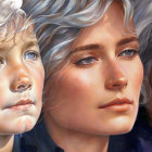 Artwork depicting stages of aging: young girl, adult woman, elderly lady with matching expressions.