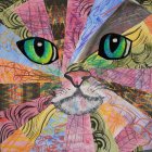 Colorful Cat Illustration with Hypnotic Eyes and Intricate Patterns