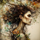 Woman blending into tree with autumn leaves in artistic portrayal