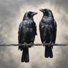 Realistic crows on wire against cloudy sky.