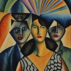 Vibrant stylized artwork featuring three women with exaggerated features