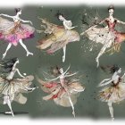 Ethereal female dancers in watercolor with butterfly wing-like dresses.