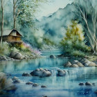 Tranquil watercolor painting of cabins by misty stream