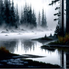 Foggy forest lake scene with tall pine trees