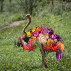 Colorful Peacock Artwork with Floral Patterns on Green Background