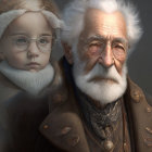 Elderly man with white beard and glasses next to serious child on earth-toned background