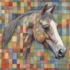 Vibrant horse illustration with braided mane on quilt-patterned backdrop