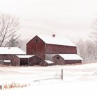 Snow-covered winter farm with brown horse in foreground