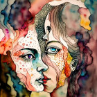 Colorful watercolor painting: Two female faces in profile with abstract patterns