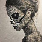 Realistic grayscale artwork of woman with skull makeup and intricate tattoos