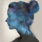 Woman's Hair and Skin Blend into Cosmic Night Sky and Tree Silhouette