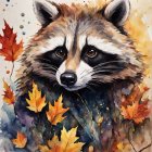 Detailed Raccoon Face Illustration Among Autumn Leaves in Warm Tones