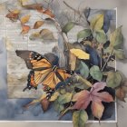 Vivid Monarch Butterfly and Colorful Leaves Watercolor Painting