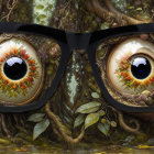 Surreal illustration: Black glasses with floral irises, tree roots backdrop