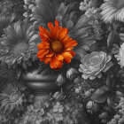 Detailed Drawing of Vibrant Orange Flower Among Blue and Gray Flora