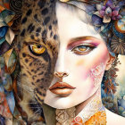 Split-face portrait of woman and leopard with floral patterns