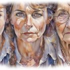 Watercolor triptych showcasing female faces aging from youth to old age