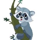 Curious raccoon on green stalk with leaves and flowers