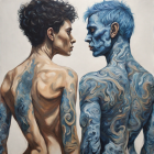 Individuals with intricate blue tattoos and blue-painted hair.