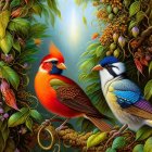 Colorful Stylized Birds Among Intricate Flora and Fauna