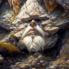 Fantastical elder with stone-like features in forest setting