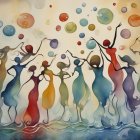 Colorful Silhouetted Figures Dancing Amongst Orbs and Swirls