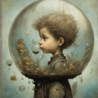 Fantasy illustration: Child with bubble hair, flora, butterflies, celestial backdrop