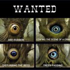 Four humorous wanted posters with tree trunk eyes and punny tree-themed criminal labels.