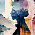 Vibrant abstract art: two women profiles with cityscape and watercolor textures