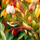 Birds perched in autumn scene with vibrant leaves and red berries