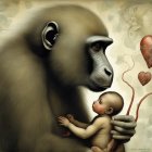 Gentle gorilla holding human baby near heart-shaped tree root