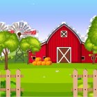 Colorful illustration of red barn, green field, white fence, and trees under cloudy sky