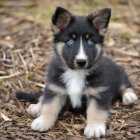 Realistic Painting of Fluffy Tricolor Puppy Among Leaves and Seeds