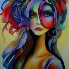 Colorful Abstract Portrait of Stylized Female Figure with Geometric and Organic Shapes on Warm Background