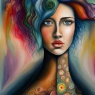 Vibrant abstract portrait of a woman with flowing hair in blue, purple, and orange tones