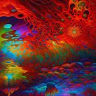 Abstract Flower Image with Red, Orange, and Blue Petals and Bubbles