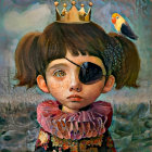 Young girl with black eye patch, gold crown, flowers, bird, and floral backdrop.