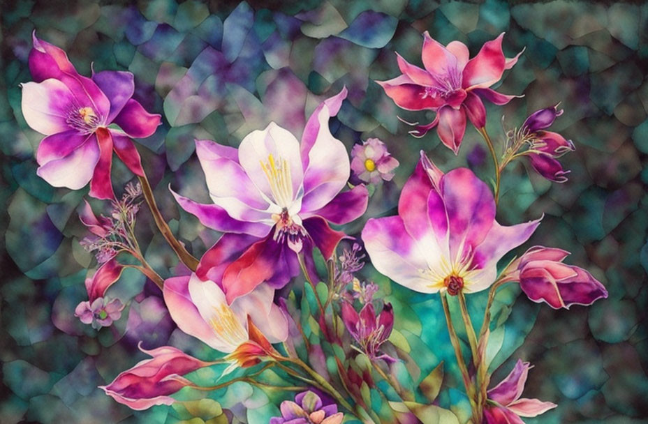 Colorful watercolor painting of purple and pink flowers on teal mosaic background