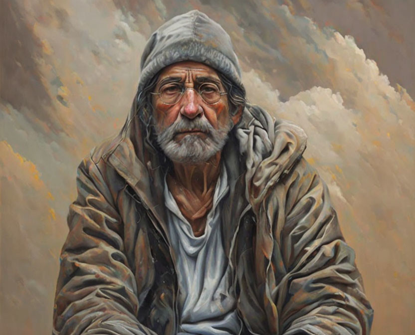 Grey-bearded elderly man in glasses and knit cap gazes thoughtfully under cloudy sky