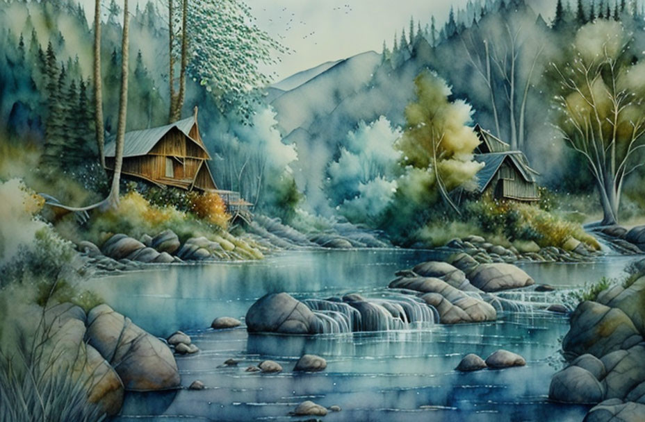 Tranquil watercolor painting of cabins by misty stream